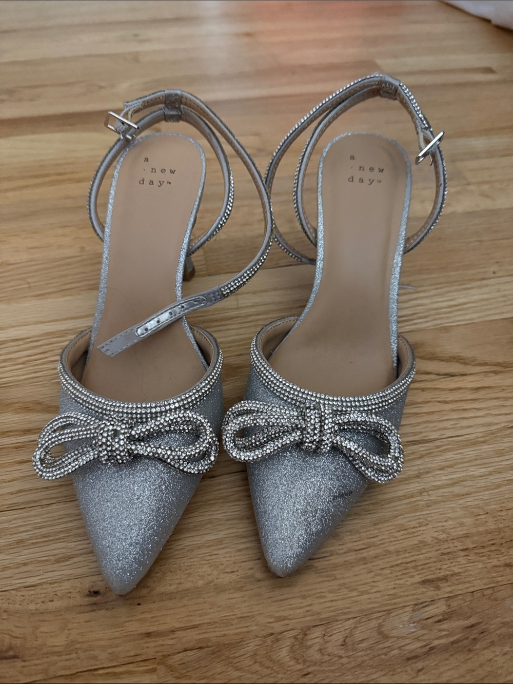a new day Silver Glitter Bow Ankle-Strap Pointed Heels
